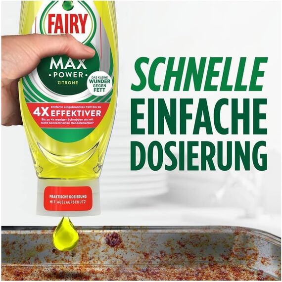 Fairy Max Power Zitrone Handgeschirrspülmittel 8x545ml, effektive Formel für sauberes Geschirr und Fettlösekraft bei fettigsten Töpfen und Pfannen, Flasche mit Auslaufschutz