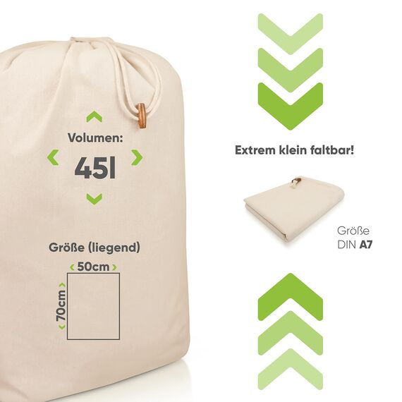 Naturstube® Wäschesack, 2er Set 50 x 70 cm - Strapazierfähige 45l Wäschebeutel Reise, 100% Baumwolle [Öko-Tex zertifiziert], Wäschesäcke, Stoffbeutel Groß, Laundry Bag, Schmutzwäschebeutel Reise