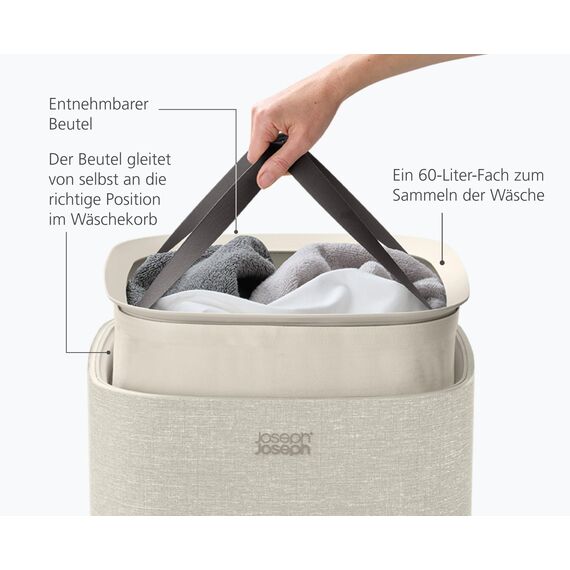 Joseph Joseph Tota One 60L Wäschesortierkorb mit Deckel, herausnehmbare Wäschesäcke mit Griffen, Perfekt für Schlafzimmer & Badezimmer, Beige