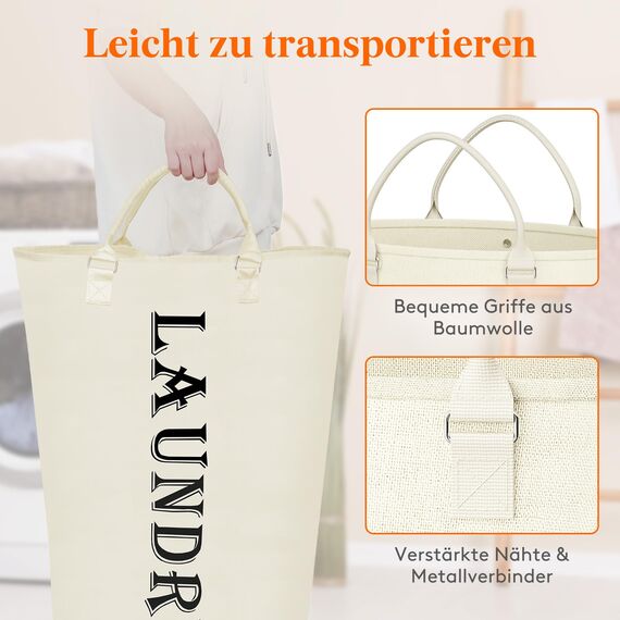 Lifewit 115 L Wäschekorb Faltbar, Wäschesammler, Wäschesack Groß, Wäschekörbe mit Henkel, Schmutzwäschebehälter, Wäschesack für die Wäsche im Wohnheim, Badezimmer, Weiß, 40 x72cm