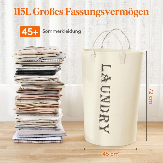 Lifewit 115 L Wäschekorb Faltbar, Wäschesammler, Wäschesack Groß, Wäschekörbe mit Henkel, Schmutzwäschebehälter, Wäschesack für die Wäsche im Wohnheim, Badezimmer, Weiß, 40 x72cm