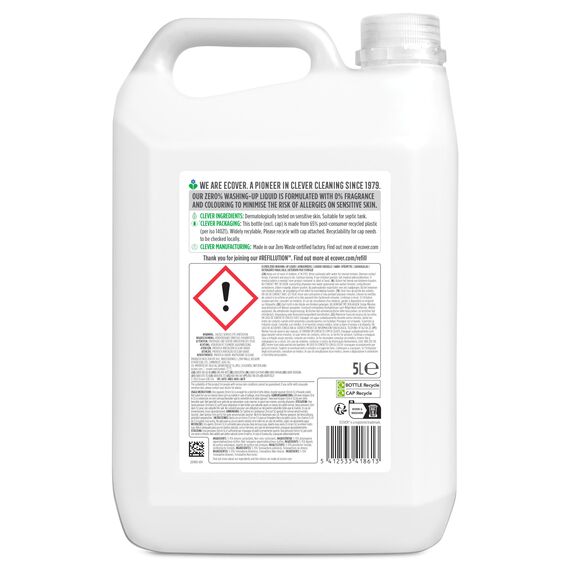 Ecover Zero Spülmittel Nachfüllpack, stark gegen Fett und Schmutz, dermatologisch getestet, Ecover Spülmittel, 1 x 5L