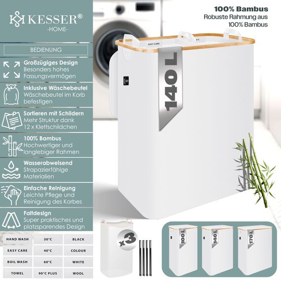 KESSER® Wäschekorb mit Deckel 2 Fächer faltbar 140 Liter Wäschebox Wäschetruhe Wäschekorb Wäschetonne | Wäschesammler mit 3x herausnehmbaren Wäschesäcke | Wäschesortierter inkl. Waschhinweisen Weiß