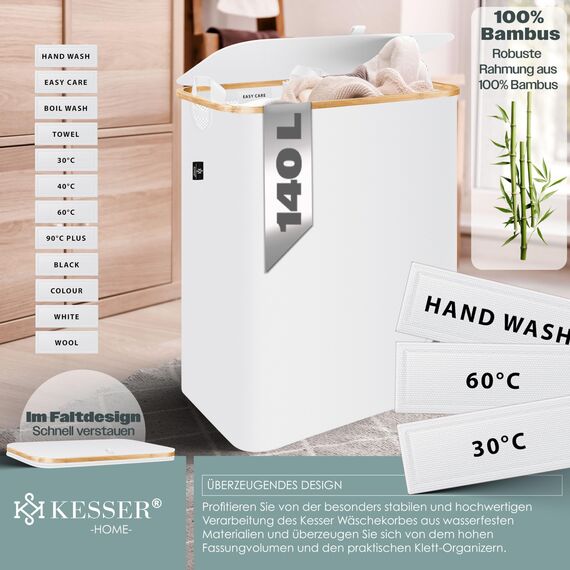 KESSER® Wäschekorb mit Deckel 2 Fächer faltbar 140 Liter Wäschebox Wäschetruhe Wäschekorb Wäschetonne | Wäschesammler mit 3x herausnehmbaren Wäschesäcke | Wäschesortierter inkl. Waschhinweisen Weiß