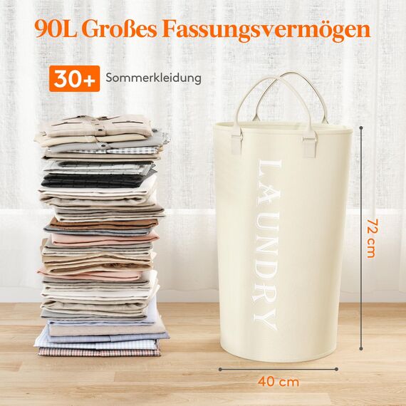 Lifewit Wäschekorb 90 L, großer Wäschekorb, faltbare Wäschesäcke mit Softgriff, Wäschesortierbox für Wohnung, Wohnheim und Wohnwagen, weiß