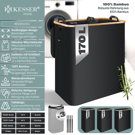 KESSER® Wäschekorb mit Deckel 2 Fächer faltbar 170 Liter Wäschebox Wäschetruhe Wäschekorb Wäschetonne | Wäschesammler mit 3x herausnehmbaren Wäschesäcke | Wäschesortierter mit Waschhinweisen Schwarz