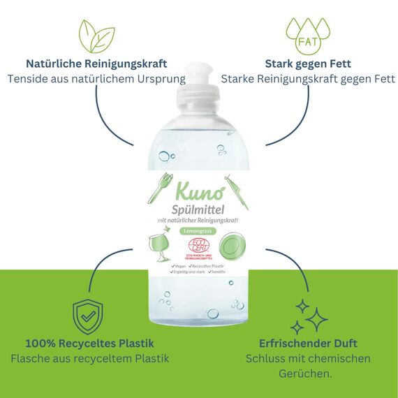 Kuno - Geschirrspülmittel, biologisch abbaubar, vegan, Lemongrass, hautpflegend durch Urea, entfettet, flüssig, ergiebig und stark (500 ml, 1er Pack)