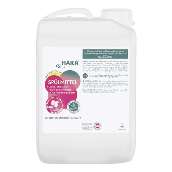HAKA Spülmittel Zitrone Nachfüller, 3L, Handspülmittel mit starker Fettlösekraft, extrem ergiebig, streifenfreie Sauberkeit, vegan, hautfreundlich