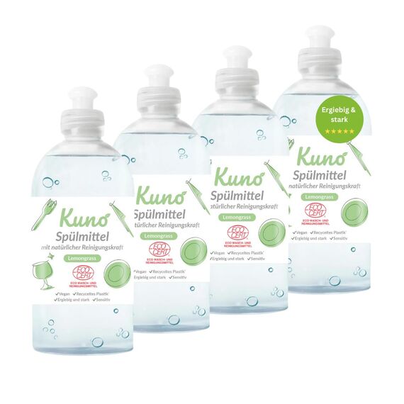 Kuno - Geschirrspülmittel, biologisch abbaubar, vegan, Lemongrass, hautpflegend durch Urea, entfettet, flüssig, ergiebig und stark (500 ml, 4er Pack)