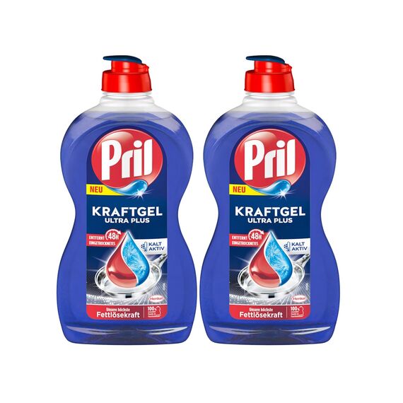 PRIL Kraft Gel Ultra Plus (2x 450 ml), Handgeschirrspülmittel mit höchster Fettlösekraft, für sauberes Geschirr auch in kaltem Wasser, entfernt selbst 48 h Eingetrocknetes