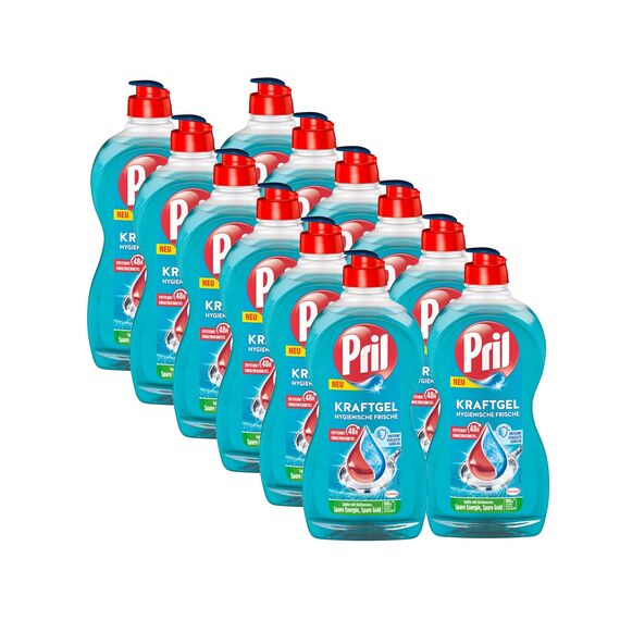 PRIL Kraft Gel Hygienische Frische (12x 450 ml), Handgeschirrspülmittel mit höchster Fettlösekraft, für sauberes Geschirr auch in kaltem Wasser, entfernt schlechte Gerüche