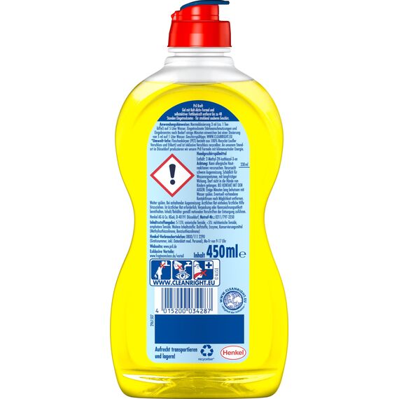 PRIL Kraft Gel Zitrone (16 x 450 ml), Handgeschirrspülmittel mit höchster Fettlösekraft, für sauberes Geschirr auch in kaltem Wasser, frischer Zitronenduft