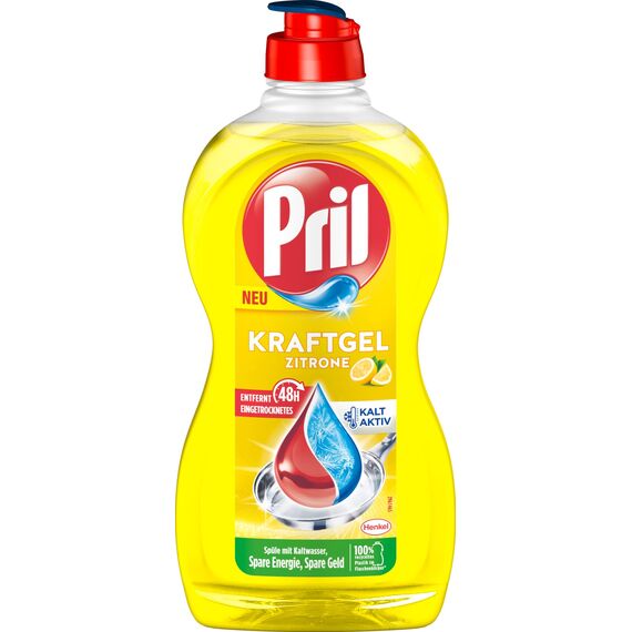 PRIL Kraft Gel Zitrone (10x 450 ml), Handgeschirrspülmittel mit höchster Fettlösekraft, für sauberes Geschirr auch in kaltem Wasser, frischer Zitronenduft