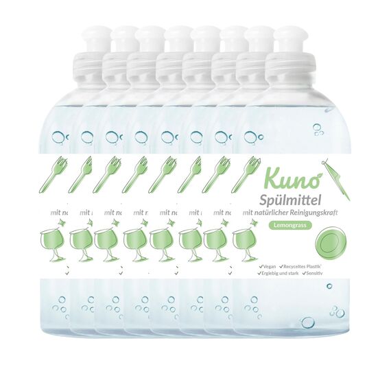 Kuno - Geschirrspülmittel, biologisch abbaubar, vegan, Lemongrass, hautpflegend durch Urea, entfettet, flüssig, ergiebig und stark (500 ml, 8er Pack)