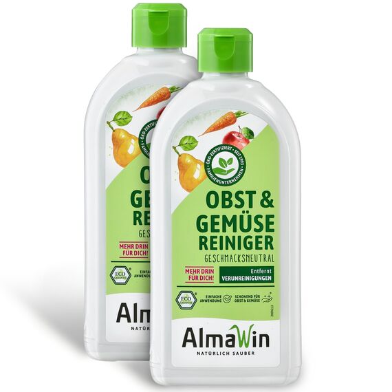 AlmaWin® Gemüse und Obst Reiniger [2x 500ml] für schonende & effektive Reinigung für alle glatten Sorten - 100% natürlicher Obst Gemüse Reiniger befreit von unerwünschtem Schmutz - Fruit Cleaner