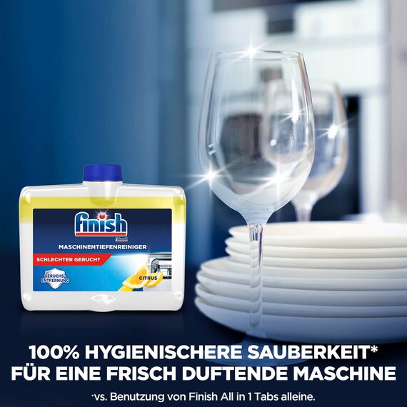 Finish Maschinentiefenreiniger Citrus – Flüssiger Maschinenreiniger gegen Kalk und Fett für eine saubere Spülmaschine – Sparpack mit 1 x 250 ml Maschinenpfleger mit Zitronenduft