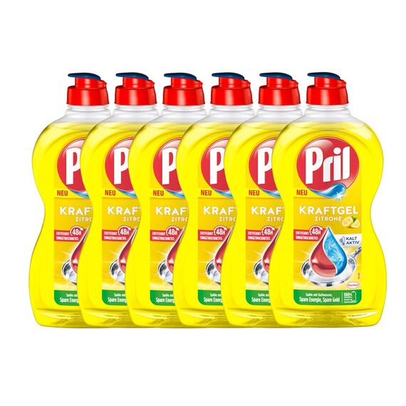 PRIL Kraft Gel Zitrone (6x 450 ml), Handgeschirrspülmittel mit höchster Fettlösekraft, für sauberes Geschirr auch in kaltem Wasser, frischer Zitronenduft