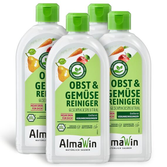AlmaWin® Gemüse und Obst Reiniger [4x 500ml] für schonende & effektive Reinigung für alle glatten Sorten - 100% natürlicher Obst Gemüse Reiniger befreit von unerwünschtem Schmutz - Fruit Cleaner