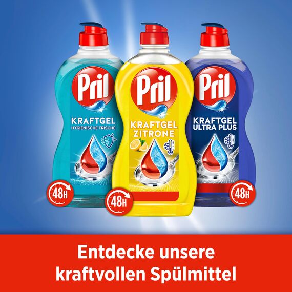 PRIL Kraft Gel Zitrone (8x 450 ml), Handgeschirrspülmittel mit höchster Fettlösekraft, für sauberes Geschirr auch in kaltem Wasser, frischer Zitronenduft