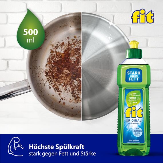 fit Hand-Spülmittel 500 ml, Geschirrspülmittel gegen Fett und Stärke, hautverträglich, vegan, mikroplastikfrei, Original