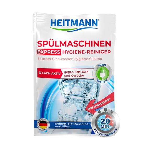 HEITMANN Express Spülmaschinen-Hygiene-Reiniger: Dreifach-aktiv-Formel gegen Fett, Kalk und Gerüche, Maschinenpflege im Kurzprogramm, Reinigt Geschirrspüler, Sprüharme & Filter, 30 g