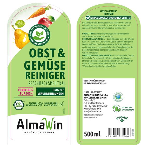 AlmaWin® Gemüse und Obst Reiniger [4x 500ml] für schonende & effektive Reinigung für alle glatten Sorten - 100% natürlicher Obst Gemüse Reiniger befreit von unerwünschtem Schmutz - Fruit Cleaner