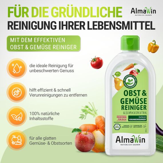 AlmaWin® Gemüse und Obst Reiniger [6x 500ml] für schonende & effektive Reinigung für alle glatten Sorten - 100% natürlicher Obst Gemüse Reiniger befreit von unerwünschtem Schmutz - Fruit Cleaner