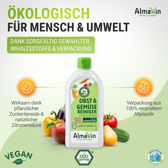 AlmaWin® Gemüse und Obst Reiniger [4x 500ml] für schonende & effektive Reinigung für alle glatten Sorten - 100% natürlicher Obst Gemüse Reiniger befreit von unerwünschtem Schmutz - Fruit Cleaner