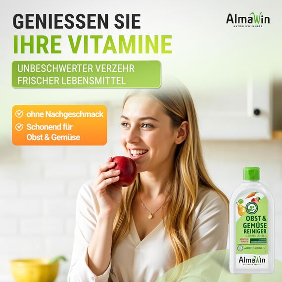 AlmaWin® Gemüse und Obst Reiniger [3x 500ml] für schonende & effektive Reinigung für alle glatten Sorten - 100% natürlicher Obst Gemüse Reiniger befreit von unerwünschtem Schmutz - Fruit Cleaner