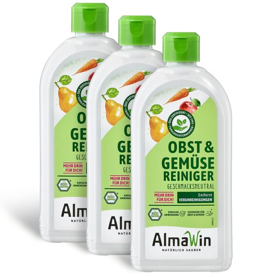 AlmaWin® Gemüse und Obst Reiniger [3x 500ml] für schonende & effektive Reinigung für alle glatten Sorten - 100% natürlicher Obst Gemüse Reiniger befreit von unerwünschtem Schmutz - Fruit Cleaner
