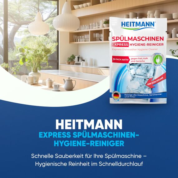 HEITMANN Express Spülmaschinen-Hygiene-Reiniger: Dreifach-aktiv-Formel gegen Fett, Kalk und Gerüche, Maschinenpflege im Kurzprogramm, Reinigt Geschirrspüler, Sprüharme & Filter, 30 g