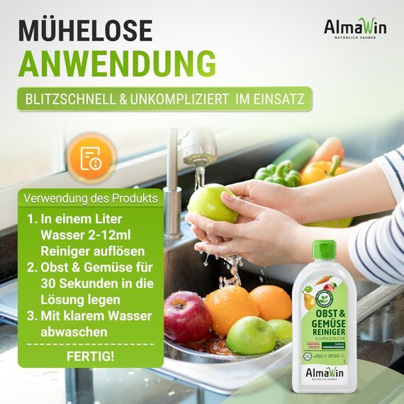 AlmaWin® Gemüse und Obst Reiniger [3x 500ml] für schonende & effektive Reinigung für alle glatten Sorten - 100% natürlicher Obst Gemüse Reiniger befreit von unerwünschtem Schmutz - Fruit Cleaner