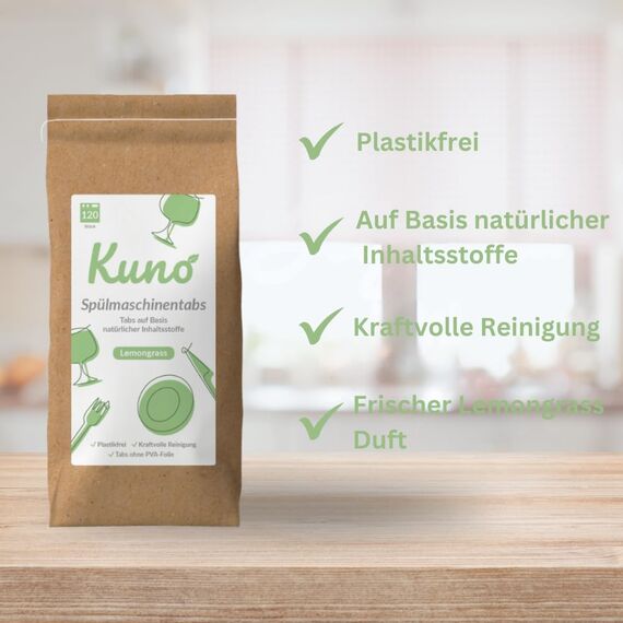 Kuno Spülmaschinentabs - 240 Tabs - Biologisch abbaubar und ohne Plastik - Effektive Reinigung - Frischer Lemongrass Duft (2er Pack, 240, stück)