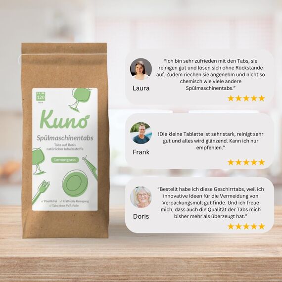 Kuno Spülmaschinentabs - 480 Tabs - Biologisch abbaubare Geschirrspültabs ohne Plastik - Effektive Reinigung - Frischer Lemongrass Duft (4er Pack, 480, stück)