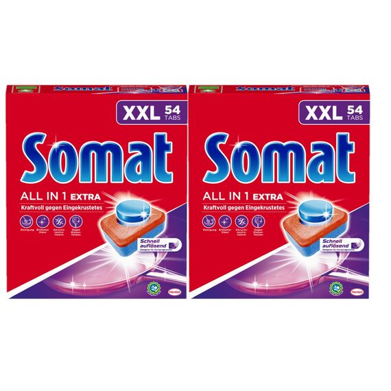 Somat All in 1 Extra Spülmaschinen Tabs, 108 (2x 54 Tabs), XXL Pack, Geschirrspül Tabs für extra kraftvolle Reinigung und Edelstahlglanz