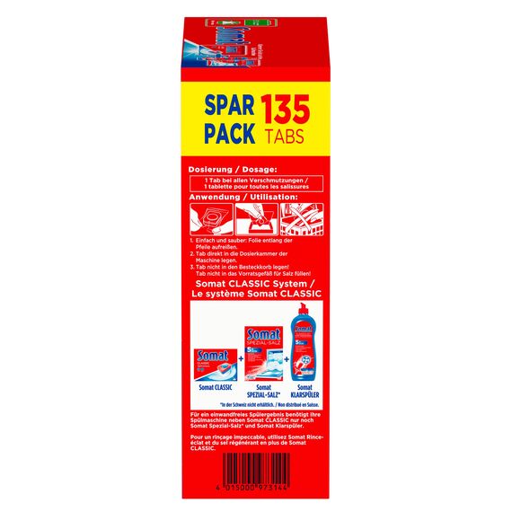 Somat Classic Spülmaschinen Tabs, 270 (2x 135) Tabs, Sparpack, Geschirrspül Tabs für die tägliche Reinigung von Besteck und Geschirr, mit Extra-Kraft und Schutz vor Glaskorrosion