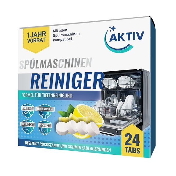 Aktiv 24x Spülmaschinenreiniger Tabs extra stark gegen Geruch & Kalk | Geschirrspüler Reiniger mit Formel für Tiefenreinigung | Hygiene Reinigung 1 Jahres Vorrat