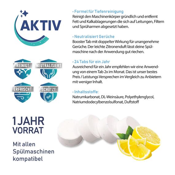 Aktiv 24x Spülmaschinenreiniger Tabs extra stark gegen Geruch & Kalk | Geschirrspüler Reiniger mit Formel für Tiefenreinigung | Hygiene Reinigung 1 Jahres Vorrat