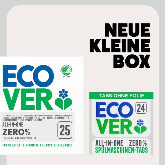 Ecover Zero Spülmaschinentabs, mit Geschirrspülsalz und Klarspüler, ohne Duft, ecover spülmaschinen-tabs, 24 Tabs Packung