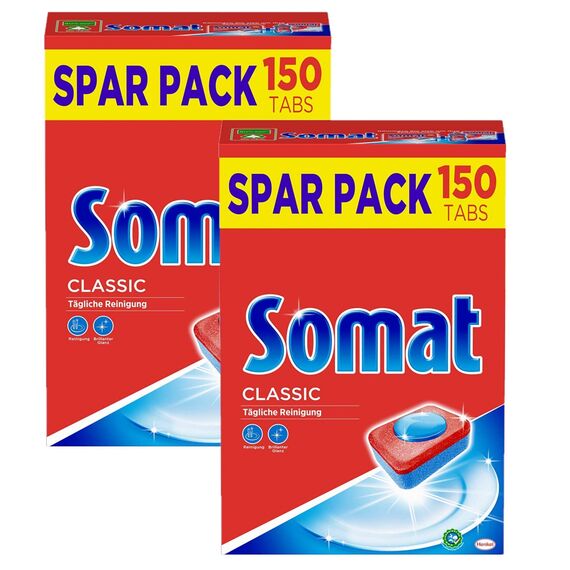 Somat Classic, Spülmaschinentabs, Sparpack, (2er Pack 2 x 150 Tabs) Geschirrspültabs für die tägliche Reinigung von Besteck & Geschirr - Für 4 Monate – Gigapack mit 300 Somattabs