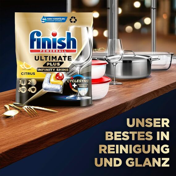 Finish Ultimate Plus Infinity Shine Citrus Spülmaschinentabs – Geschirrspültabs für intensive Reinigung, Fettlösekraft und Glanz mit Schutzschild – 315 Finish Caps (3x105 Caps)