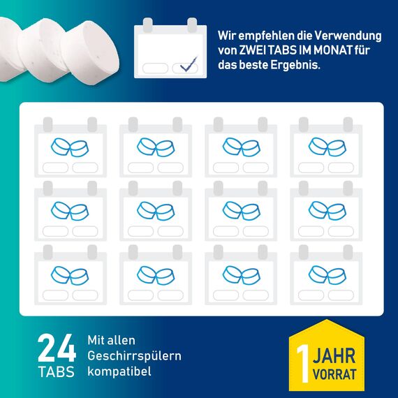 Aktiv 24x Spülmaschinenreiniger Tabs extra stark gegen Geruch & Kalk | Geschirrspüler Reiniger mit Formel für Tiefenreinigung | Hygiene Reinigung 1 Jahres Vorrat