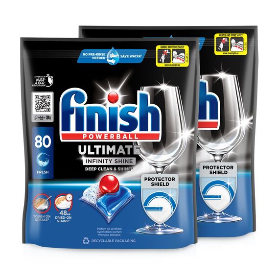 Finish Ultimate Infinity Shine Spülmaschinentabs – Geschirrspültabs für Tiefenreinigung, Fettlösekraft und Glanz mit Schutzschild – 2x80 Finish Caps