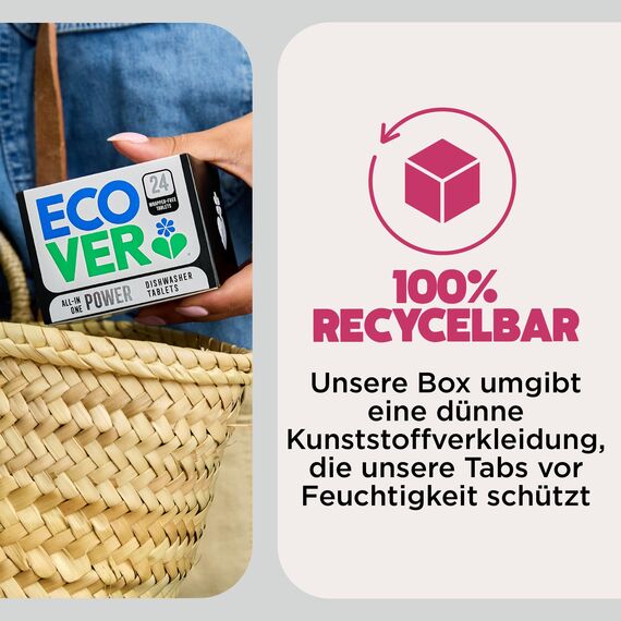 Ecover Zero Spülmaschinentabs, mit Geschirrspülsalz und Klarspüler, ohne Duft, ecover spülmaschinen-tabs, 24 Tabs Packung