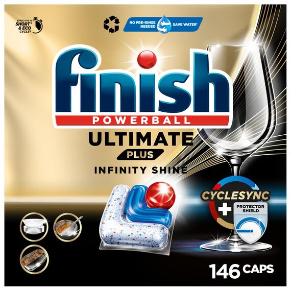 Finish Ultimate Plus Infinity Shine Spülmaschinentabs – Geschirrspültabs für intensive Reinigung, Fettlösekraft und Glanz mit Schutzschild – 2x73 Finish Caps