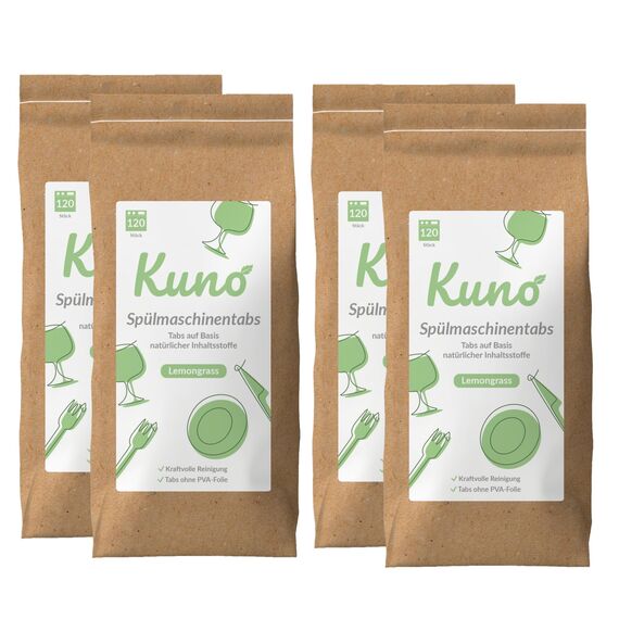 Kuno Spülmaschinentabs - 480 Tabs - Biologisch abbaubare Geschirrspültabs ohne Plastik - Effektive Reinigung - Frischer Lemongrass Duft (4er Pack, 480, stück)