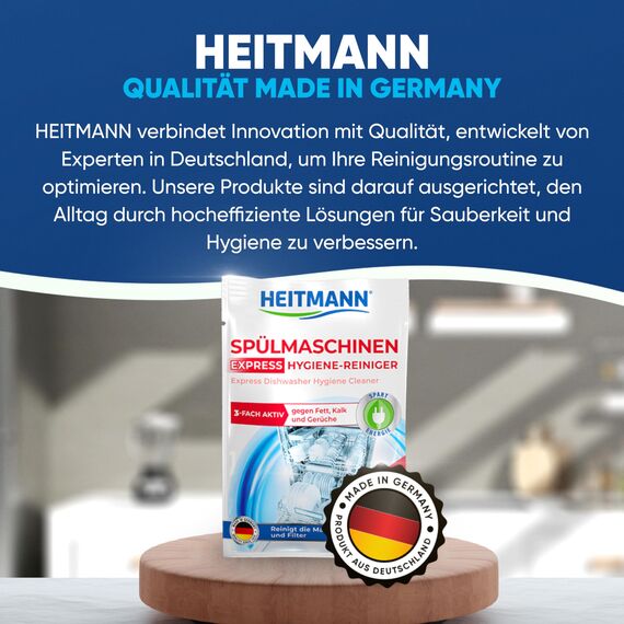 HEITMANN Express Spülmaschinen-Hygiene-Reiniger: Dreifach-aktiv-Formel gegen Fett, Kalk und Gerüche, Maschinenpflege im Kurzprogramm, Reinigt Geschirrspüler, Sprüharme & Filter, 30 g