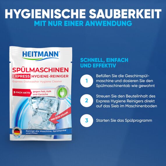 HEITMANN Express Spülmaschinen-Hygiene-Reiniger: Dreifach-aktiv-Formel gegen Fett, Kalk und Gerüche, Maschinenpflege im Kurzprogramm, Reinigt Geschirrspüler, Sprüharme & Filter, 30 g
