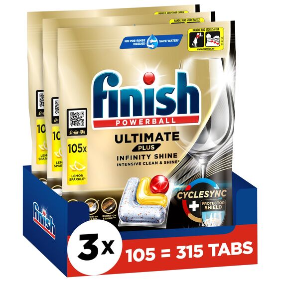 Finish Ultimate Plus Infinity Shine Citrus Spülmaschinentabs – Geschirrspültabs für intensive Reinigung, Fettlösekraft und Glanz mit Schutzschild – 315 Finish Caps (3x105 Caps)