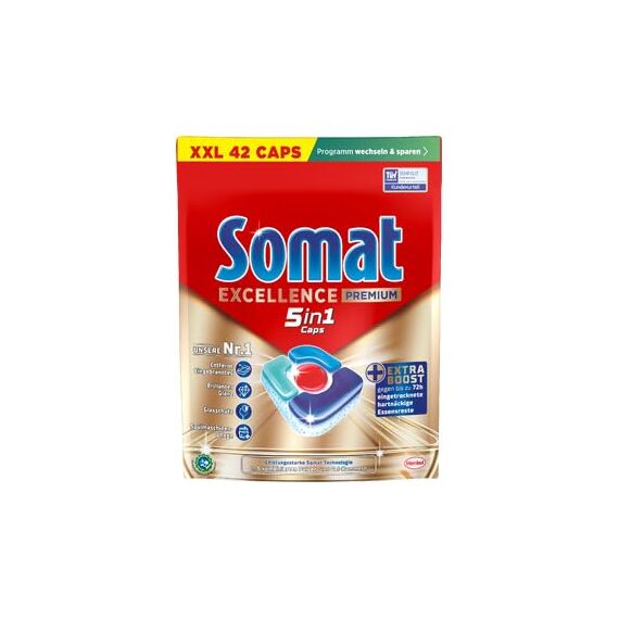 SOMAT Excellence Premium 5in1 Caps (2 x 42 AW), schnellauflösende Spülmaschinentabs mit Extra Boost auch im Niedrigtemperatur-, Kurz- & Eco-Programm, entfernen selbst 72 h eingetrocknete Essensreste